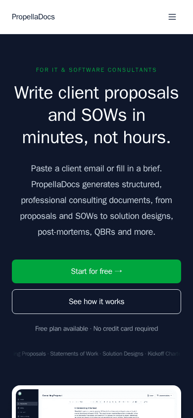 PropellaDocs homepage on a phone
