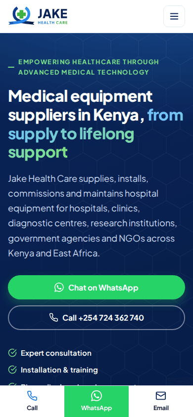 Jake Health Care homepage on a phone